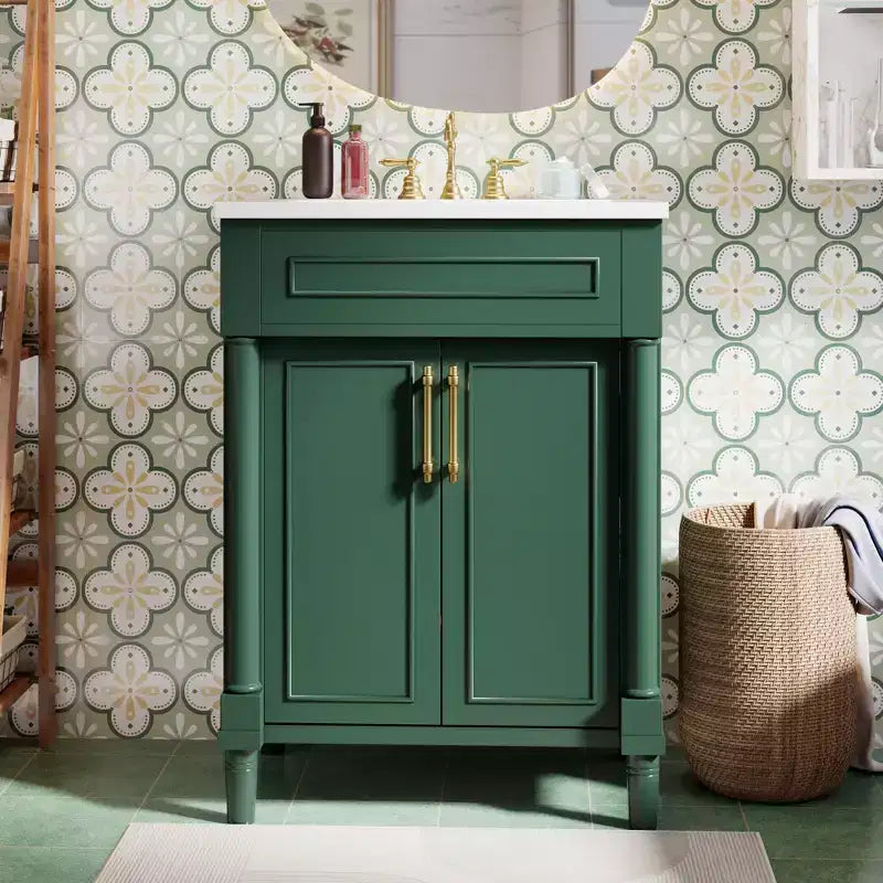 Mobiletto da bagno 61 cm con lavabo in ceramica, mobile stile shaker, 2 ante con chiusura ammortizzata, struttura in legno massello per bagno piccolo o bagno di servizio