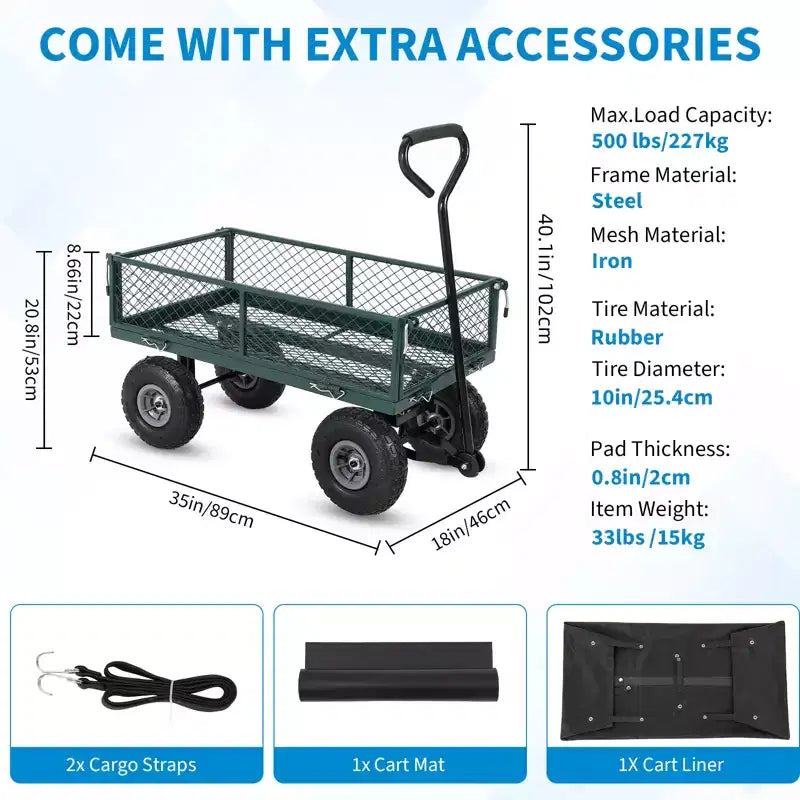 Carrello da Giardino in Acciaio Pesante, 227 kg, Carrello Pieghevole con Sponde in Rete Rimovibili e Rivestimento, Pneumatici da 10 Pollici, Maniglia di Trazione