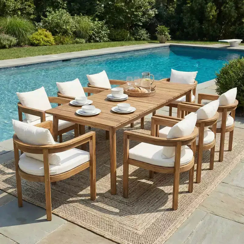 Christopher Knight Home Irene Set da pranzo da esterno rustico a 9 pezzi in legno di acacia con sedie con schienale curvo e cuscini