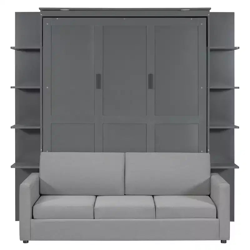 Letto a muro a scomparsa Whisen Modern Design con struttura in legno, Queen Size, con divano e mensole