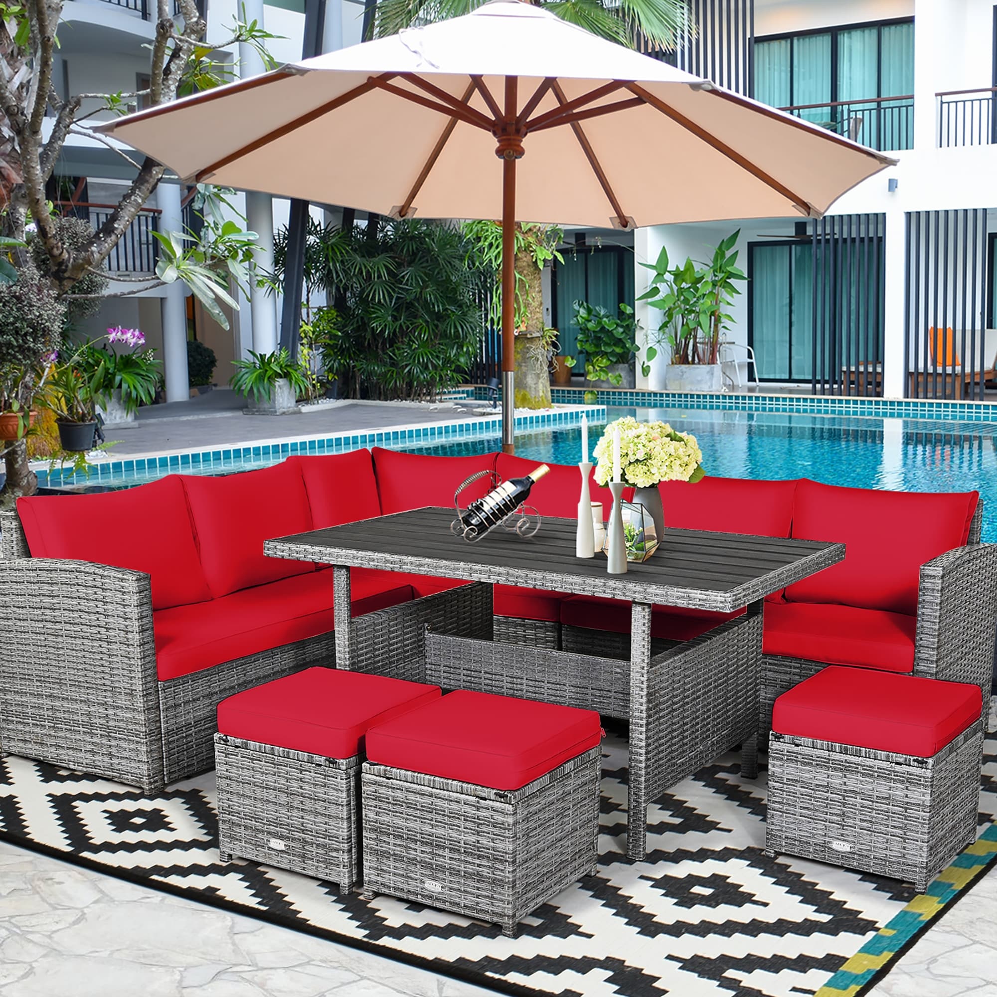 Ensemble de salle à manger Costway 7 pièces en rotin pour terrasse, canapé sectionnel et pouf - Voir détails