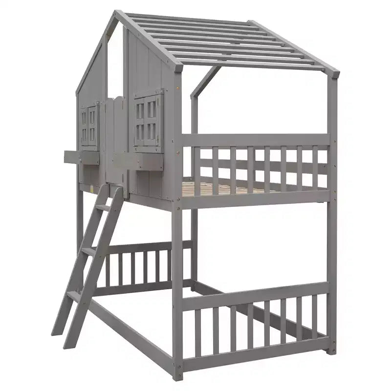 Letto a soppalco a forma di casetta con scaletta e spondine per bambini, in legno, misura singola