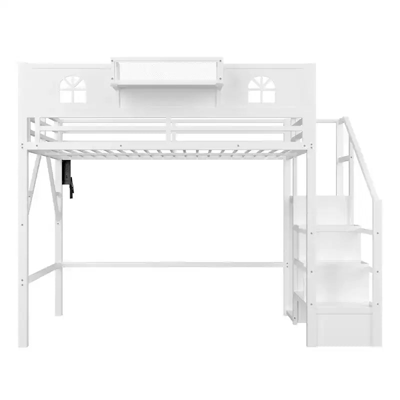 Letto a soppalco ModernLuxe matrimoniale/queen size con scale e armadio integrato, struttura letto in metallo con luci a LED, stazione di ricarica USB e ripiani portaoggetti