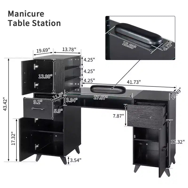 Tavolo per manicure moderno nero/rosa con piano in vetro e poggiapolsi, postazione singola