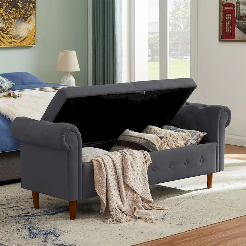 Panca contenitore per camera da letto, fondo letto, con braccioli arrotolati, in velluto, divano ottomana, panca lunga