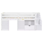 Letto a soppalco basso in legno massiccio, piazza e mezza, 94.6L x 42.3W, con scala, cassetto e mensola, design moderno e pulito