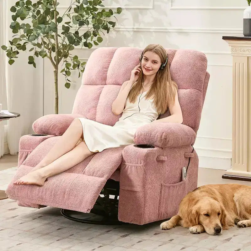Poltrona Reclinabile Oversize per Adulti, Sofà Girevole a Dondolo Manuale, Tasche Laterali e Portabicchieri per Persone Grandi e Alte, Soggiorno