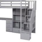 Letto a soppalco singolo con scrivania a L, 3 cassetti, armadio, contenitore per scale, struttura in pino massiccio/MDF