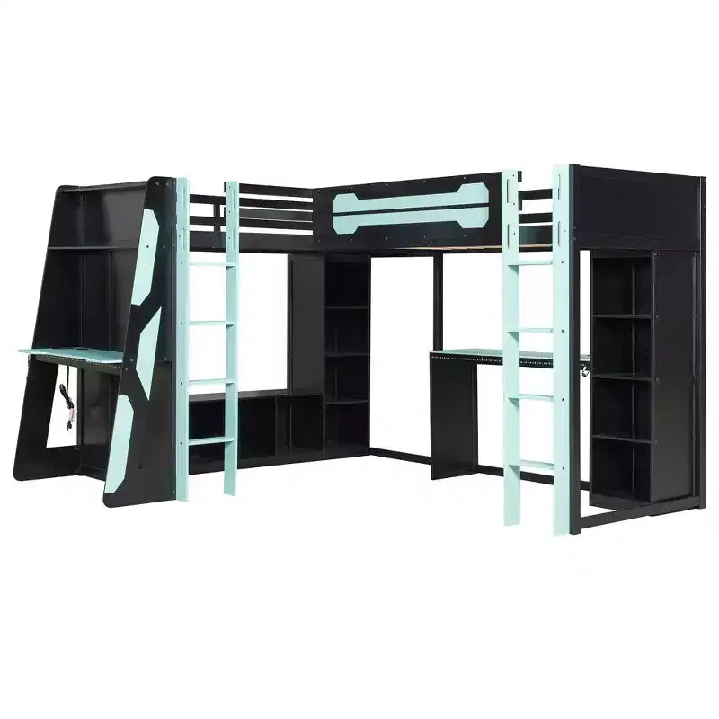 Letto a soppalco a L da gaming con scrivanie, letti a soppalco doppi con luci LED, porte USB, scaffali portaoggetti, letto a soppalco ad angolo in legno per 2