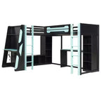 Letto a soppalco a L da gaming con scrivanie, letti a soppalco doppi con luci LED, porte USB, scaffali portaoggetti, letto a soppalco ad angolo in legno per 2