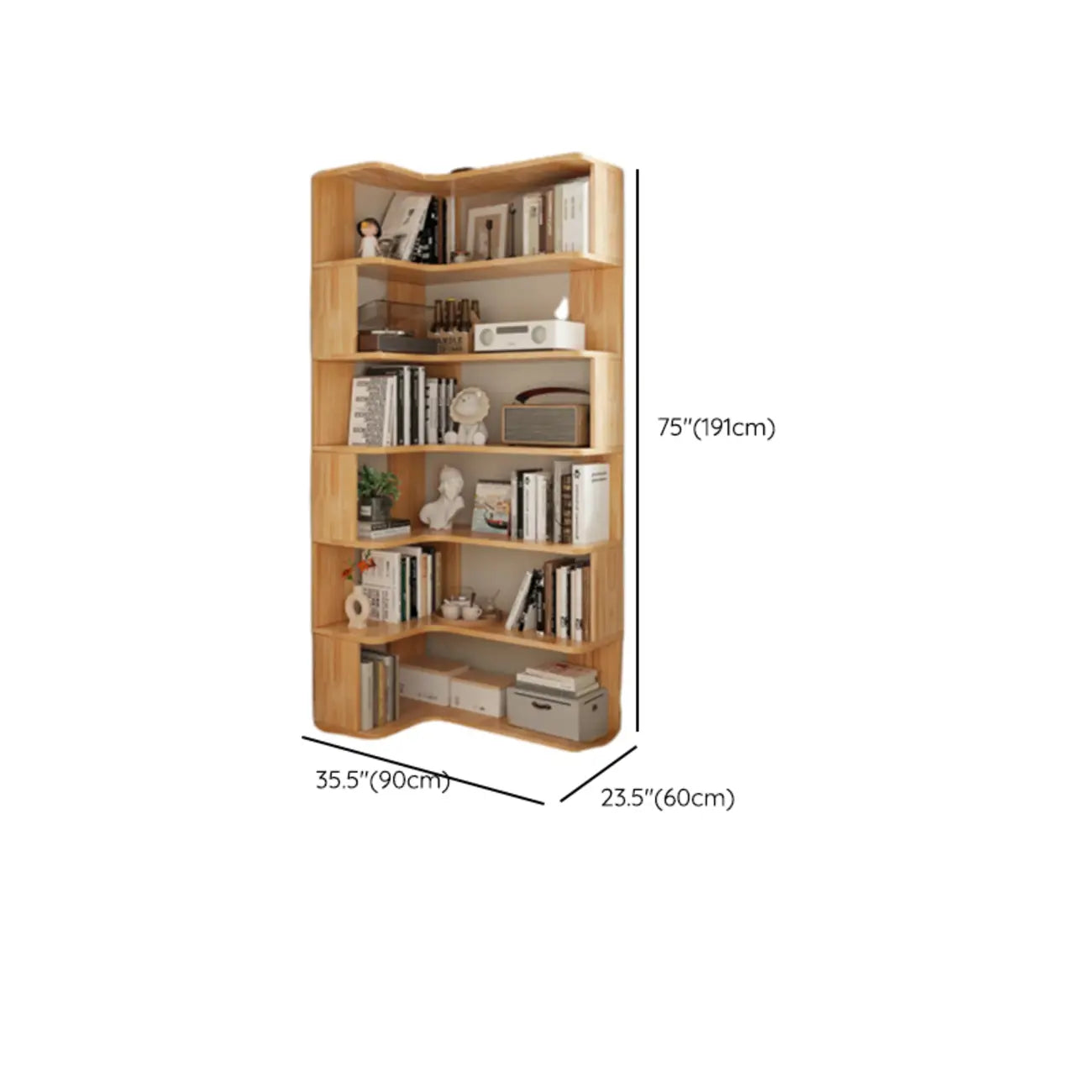 Libreria verticale angolare in legno con schienale aperto e finitura naturale