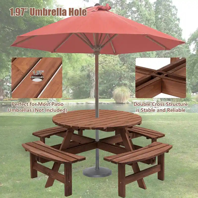 Set da pranzo rotondo da picnic per 8 persone in legno di abete da esterno con 4 panche integrate e foro per ombrellone