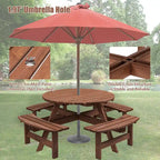 Set da pranzo rotondo da picnic per 8 persone in legno di abete da esterno con 4 panche integrate e foro per ombrellone
