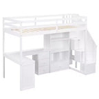 Letto a soppalco singolo con scrivania a L, 3 cassetti, armadio, contenitore per scale, struttura in pino massiccio/MDF