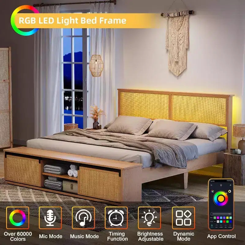 Struttura Letto Boho Farmhouse in Rattan Naturale, Testiera con Luci LED e Cassettiere a Scomparsa, Gambe di Supporto in Legno Massello.