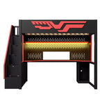 Letto a soppalco da gioco completo con scrivania e luci LED, letto a soppalco alto in legno a una piazza e mezza con scala e scala portaoggetti e USB, rosso+nero