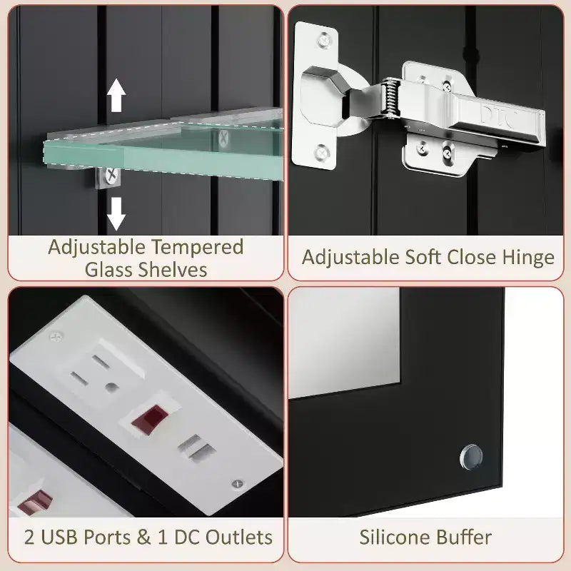 Pensile da Bagno con Specchio LED, Montaggio a Superficie o Incasso, Luce Dimmerabile, Antiappannamento, Ripiani Regolabili