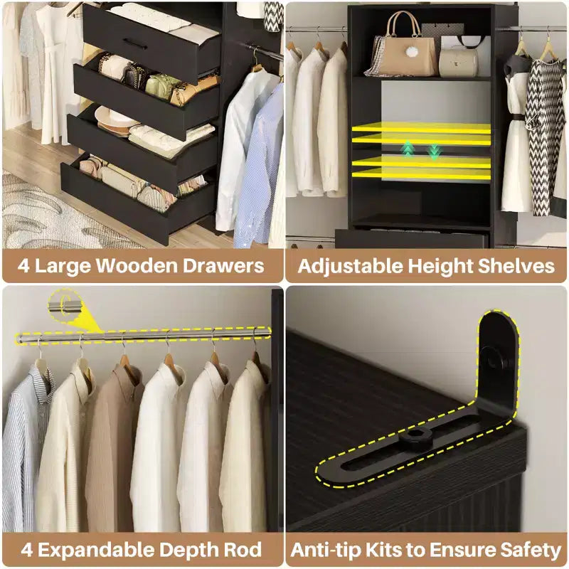 Besiost Sistema Organizer per Armadio in Legno 4-9 piedi con 4 Cassetti, 4 Aste Appendiabiti e Torri Scaffale