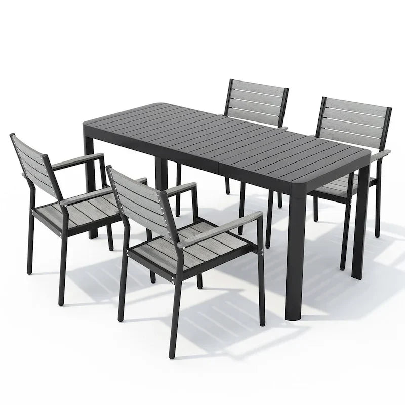 Set da Pranzo da Esterno a 5/7 Pezzi per Patio con Sedie Impilabili in Alluminio e Tavolo Allungabile