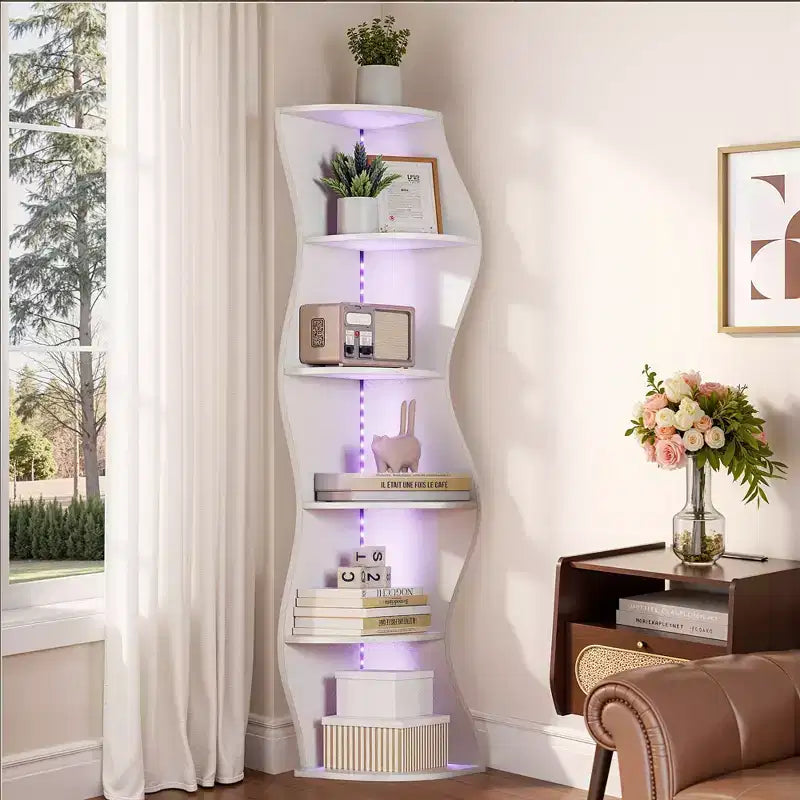 VECELO Scaffale angolare a 5 ripiani Wave, Scaffale espositivo verticale alto per piccoli spazi e soggiorno, Bianco