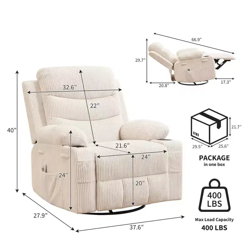 Poltrona Reclinabile Girevole a Dondolo con Massaggio e Riscaldamento, Girevole a 360° con Portabicchieri e Tasche Laterali, Divano Ergonomico per Soggiorno, Camper, Cameretta