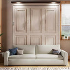 Letto a scomparsa Queen Size con divano, letto a scomparsa in legno Queen con luce LED, letto a cassapanca pieghevole con per camera degli ospiti, Beige