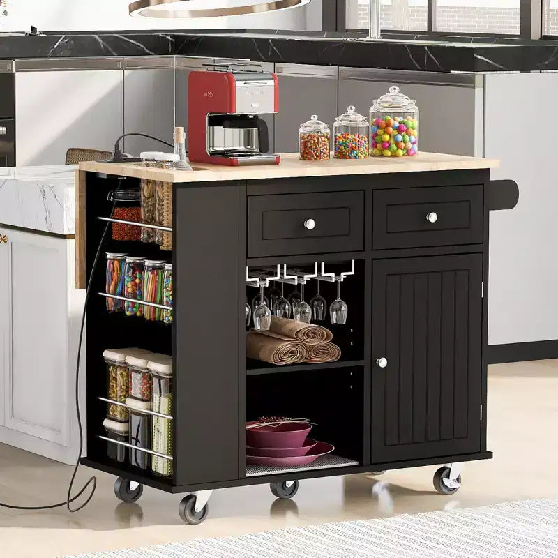 Isola da Cucina Mobile con Presa di Corrente, Piano Ribaltabile e Top in Legno di Gomma
