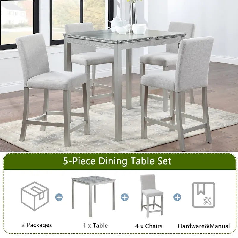 Set da pranzo moderno di 5 pezzi con tavolo quadrato ad altezza bancone e 4 sedie imbottite