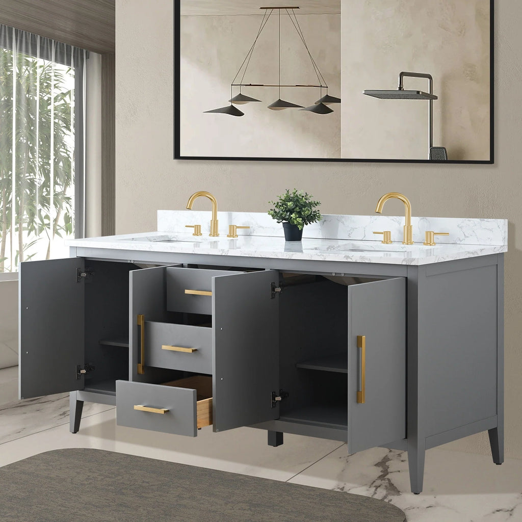 Mobile lavabo doppio Vanity Art 72 per bagno con piano in marmo composito