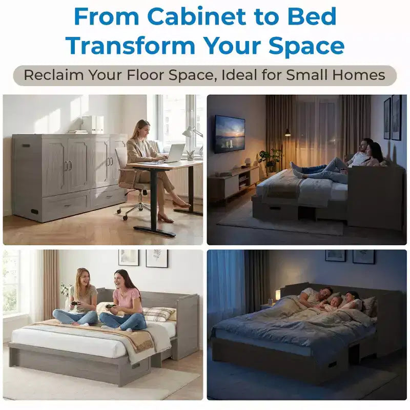 Mjkone Letto a Scomparsa Convertibile Matrimoniale Queen Size con Ricarica USB, Cassetti Contenitori, Materasso Escluso