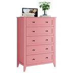 Comò a 5 cassetti alto 108 cm per camera da letto, mobile contenitore in legno con cassetti profondi 30 cm e pomelli in metallo dorato, ideale per ingresso o corridoio