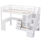 Letto a soppalco singolo con scrivania a L, 3 cassetti, armadio, contenitore per scale, struttura in pino massiccio/MDF