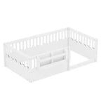 Letto a terra per bambini Bellemave con recinzione rialzata e libreria, struttura letto matrimoniale in legno Montessori per bambine e bambini