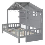 Letto a capanna per bambini con scaffali e sponde, Struttura letto in legno stile Montessori per bambini con finestra e striscia luminosa scintillante