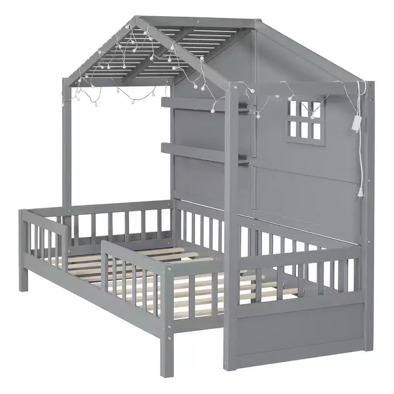 Letto a capanna per bambini con scaffali e sponde, Struttura letto in legno stile Montessori per bambini con finestra e striscia luminosa scintillante