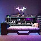 Daybed da gioco completo/queen size con testiera libreria, luci LED, scrivania integrata, cassetti e stazione di ricarica