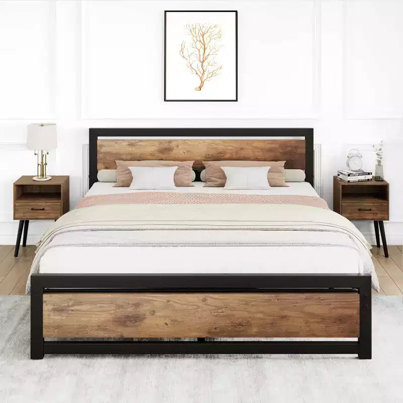 Struttura Letto Matrimoniale Robusta con Testiera e Pediera, Piattaforma in Metallo con Spazio Contenitivo di 35 cm, Senza Rumore e Assemblaggio Senza Attrezzi, Marrone Vintage