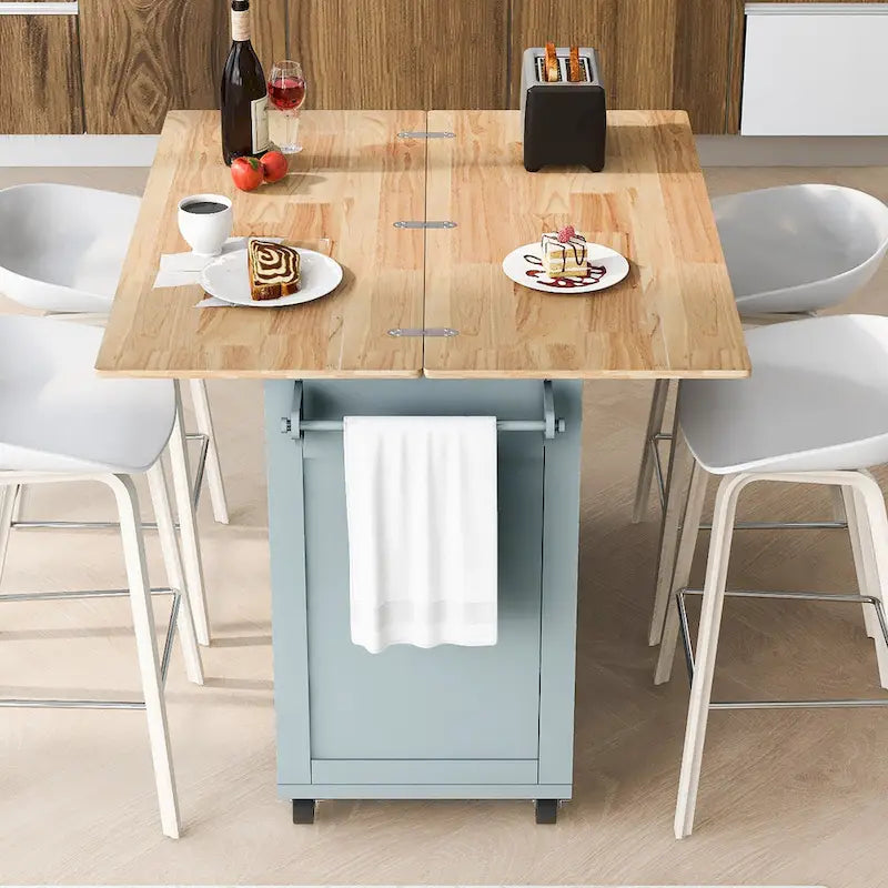Isola da cucina con piano pieghevole, carrello da cucina con ripiano estraibile, portasciugamani e cassetto, ruote girevoli