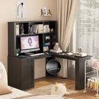 Scrivania a L con presa di corrente, scrivania per computer con cassetti, libreria e mobiletto, scrivania angolare moderna, scrivania per ufficio domestico