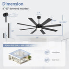 Ventilatore da soffitto nero da 65 pollici a 8 pale con luce LED e telecomando