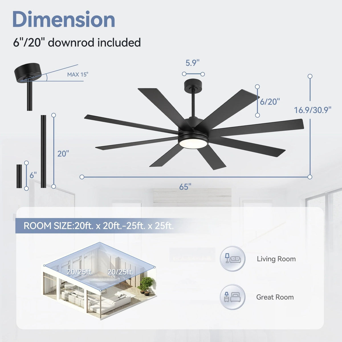 Ventilatore da soffitto nero da 65 pollici a 8 pale con luce LED e telecomando