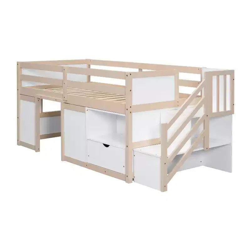 Letto a soppalco basso in legno massiccio, piazza e mezza, 94.6L x 42.3W, con scala, cassetto e mensola, design moderno e pulito