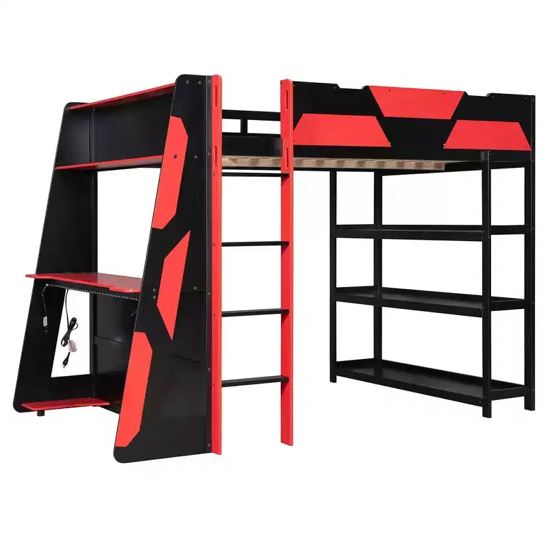 Luxystar Letto a soppalco completo da gaming con scrivania, mensole e luci