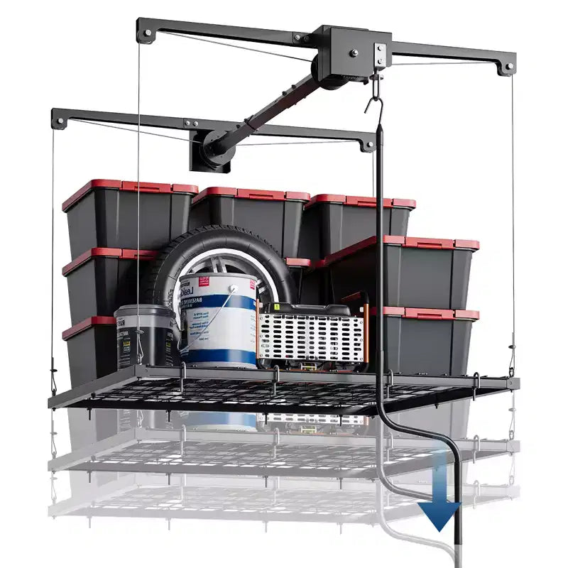 Scaffale pensile regolabile per garage per impieghi gravosi, montaggio a soffitto con blocco di sicurezza, capacità di 113 kg per contenitori, attrezzi, biciclette e garage