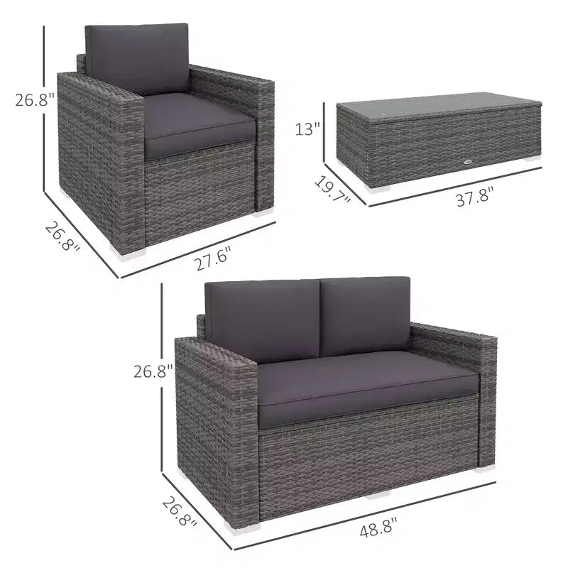 Set Divano in Rattan da 4 Pezzi, Set Divani da Esterno in Vimini con Divanetto Sedie Tavolino con Piano in Vetro per Giardino
