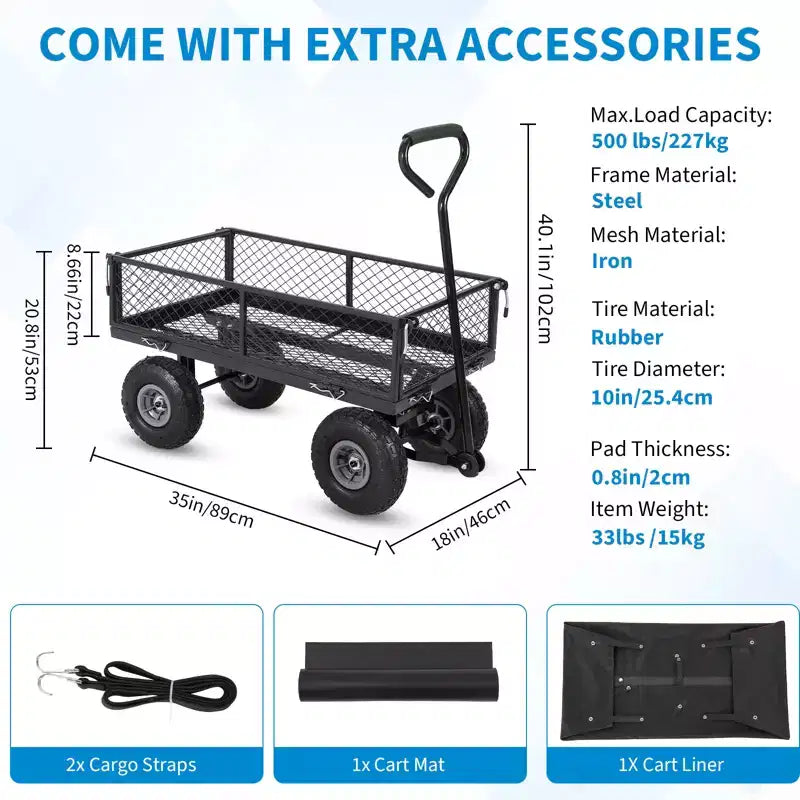 Carrello da Giardino in Acciaio Pesante, 227 kg, Carrello Pieghevole con Sponde in Rete Rimovibili e Rivestimento, Pneumatici da 10 Pollici, Maniglia di Trazione