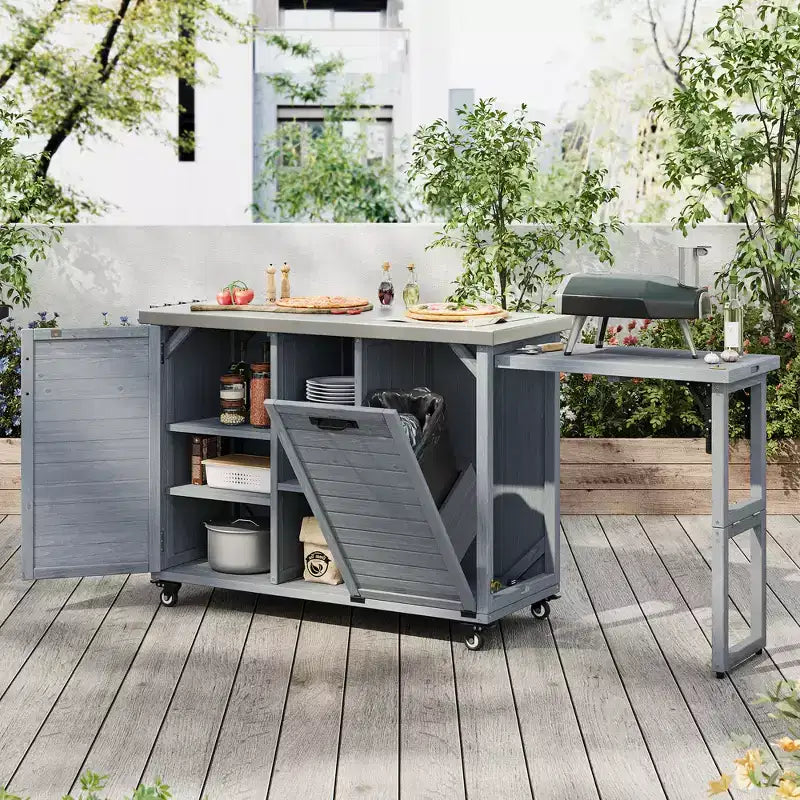 Isola cucina da esterno FAMYYT da 198,9 cm con piano di lavoro in acciaio inossidabile, stazione barbecue pieghevole e mobili contenitori, blu grigio