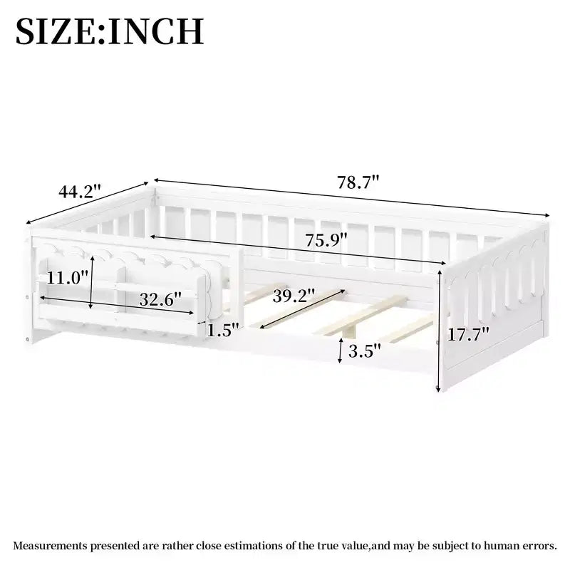 Struttura letto a piattaforma per bambini di dimensioni Twin e Full con sponda di protezione, librerie integrate e ripiani portaoggetti