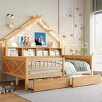 Struttura letto a casetta a grandezza naturale con cassetti, letto a piattaforma a casetta con luci LED, mensole e cassetti portaoggetti, divano letto in legno con tetto e sponda