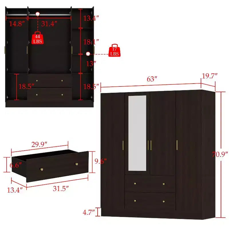 Hitow Armadio 2 Cassetti Grandi Zona Centrale Appendiabiti con Specchio Stile Minimalista